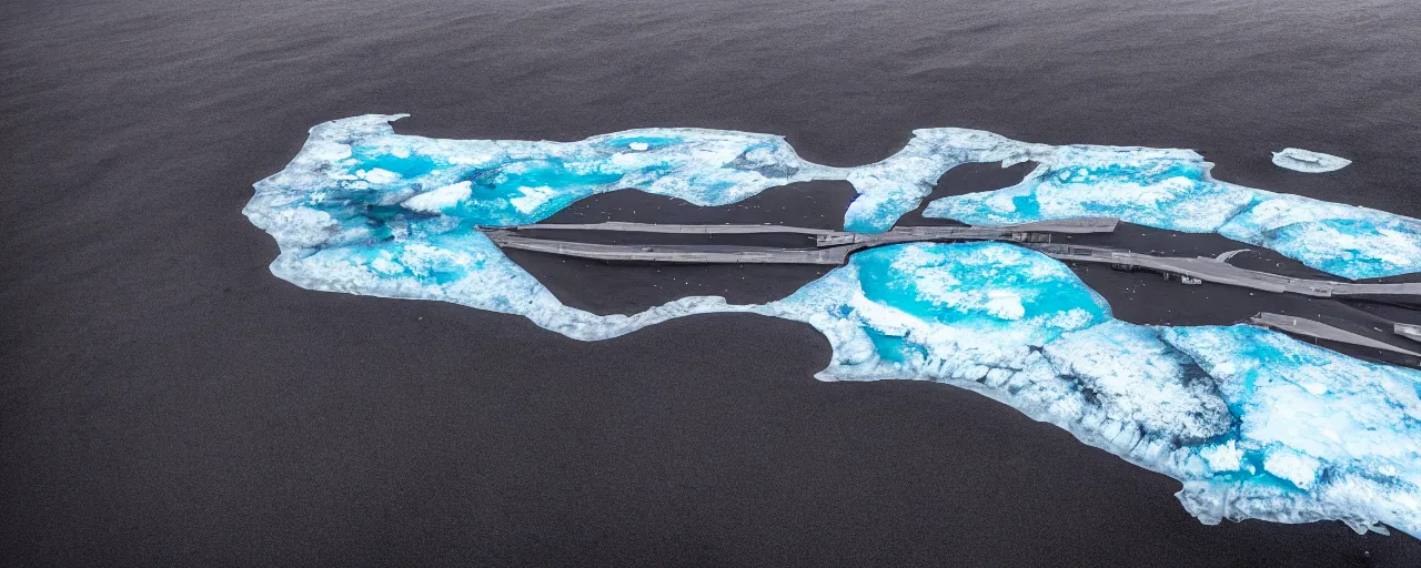 Image similar to cinematic shot of giant symmetrical futuristic military spacecraft in the middle of an endless black sand beach in iceland with icebergs in the distance,, 2 8 mm