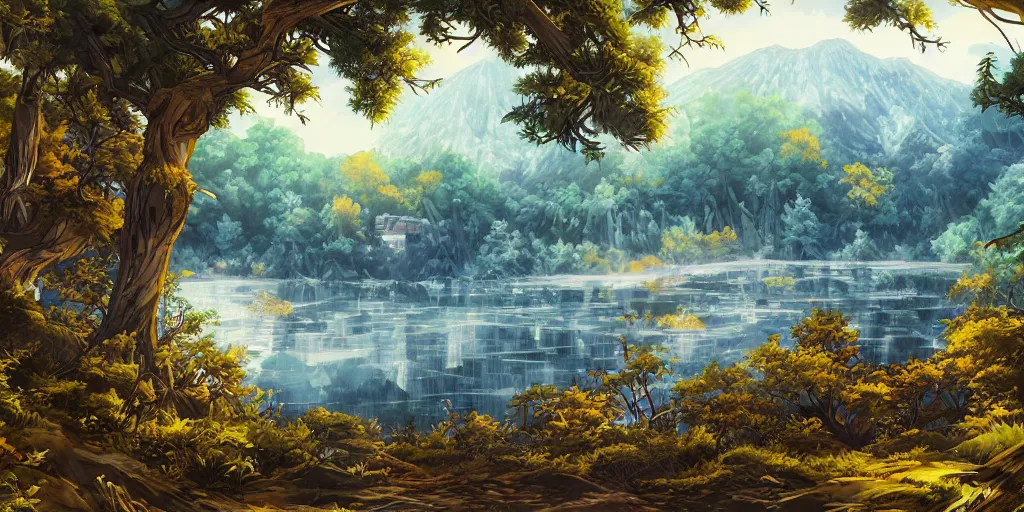 Prompt: high detail sharp anime gouache background , moody anime forest house near lake , panorama painting by by chun li