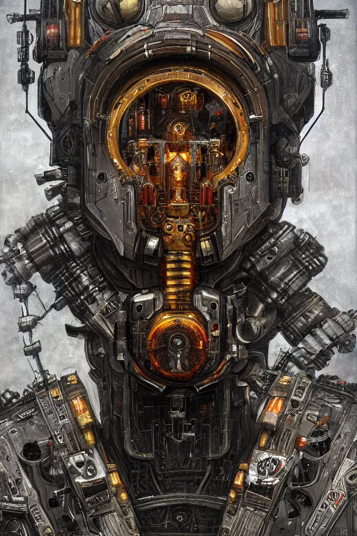 Prompt: portrait of adeptus mechanicus, cyborg, prist, cyberpunk, Warhammer, highly detailed, artstation, illustration, art by Gustav Klimt