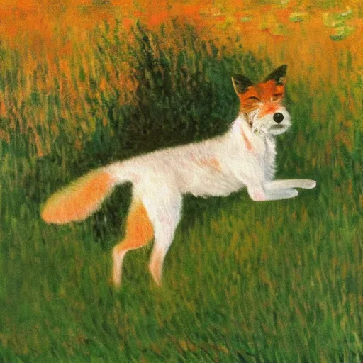 Image similar to an oil painting of a wire - haired fox terrier barking all the time at golden hour painted by monet masterpiece 8 k