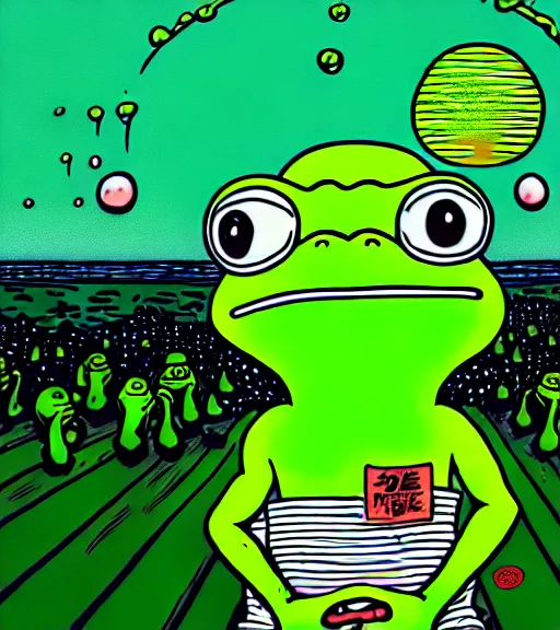 Image similar to portrait of pepe the frog in summer dawn, in comic style by matt furie, positive atmosphere, cool vibes, bao phan, deep depth field, masterpiece, cinematic composition, hyper - detailed, hd, hdr