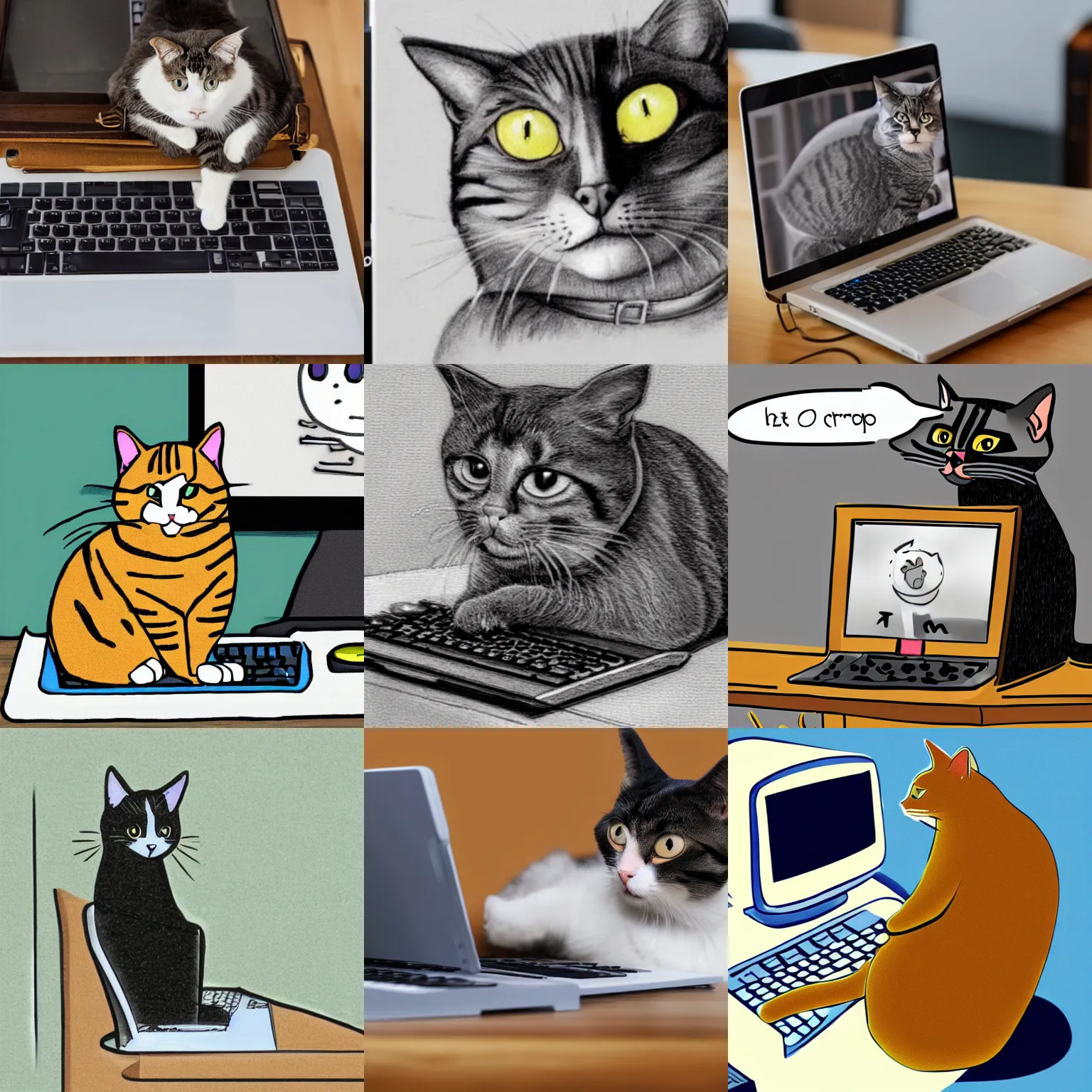 Prompt: a cat typing on a desktop computer, drawing