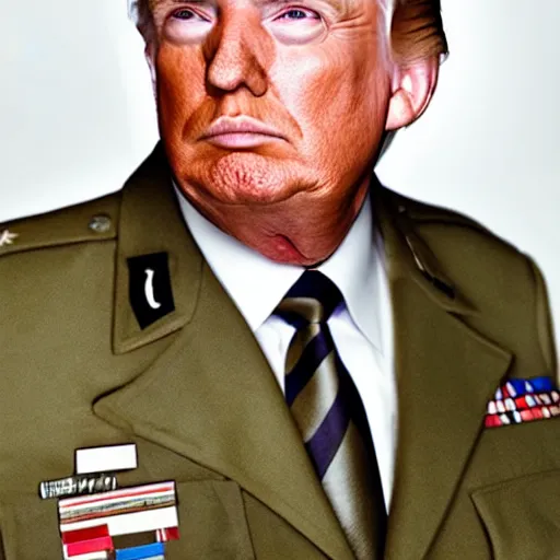 Prompt: a medium - shot still of donald trump in military dictator uniform looking into the distance, natural light, photography, photorealistic by terry richardson