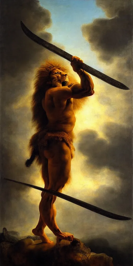 Prompt: muscular lion as barbarian hunter, full body human legs , backlight body , extreme very textured detailed oil painting by rembrandt, sunset, dramatic clouds and cyan atmosphere