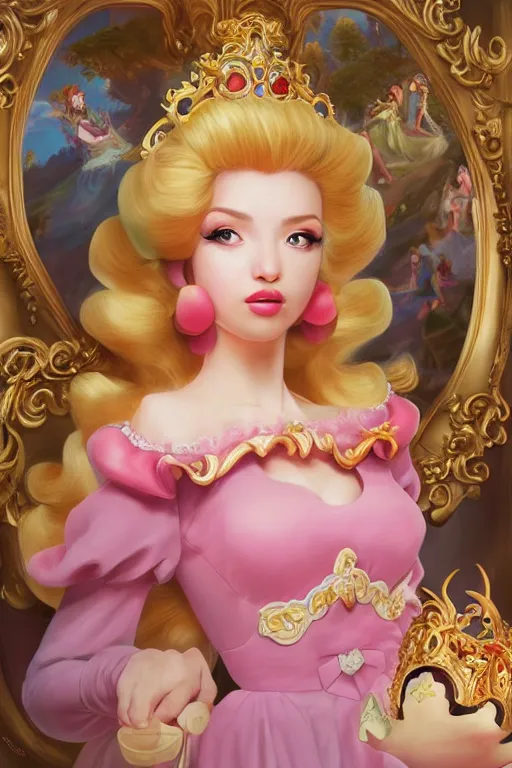 Prompt: Princess peach, super mario, dramatic, elaborate emotive Baroque and Rococo styles to emphasize beauty as a transcendental, 8k image, ultra-realistic, the style of WLOP