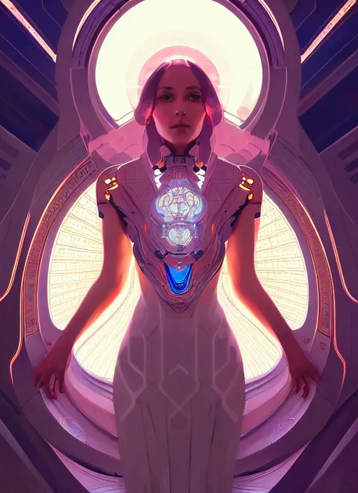 Image similar to symmetry, girl in a spaceship intricate, elegant, highly detailed, digital painting, artstation, concept art, smooth, sharp focus, illustration, art by artgerm and greg rutkowski and alphonse mucha