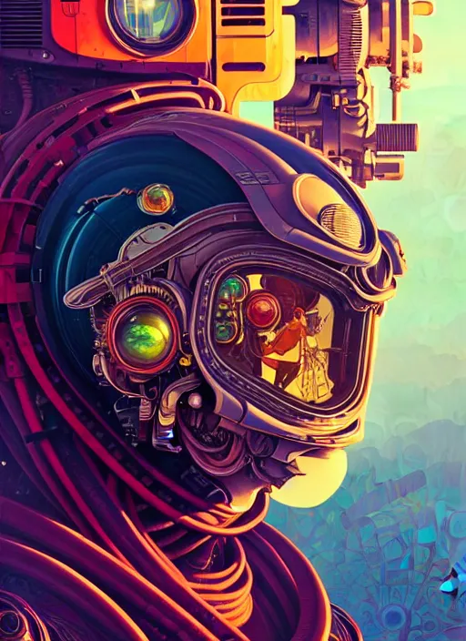 Image similar to high quality high detail portrait of a diesel punk in an alien world,, tristan eaton, victo ngai, artgerm, rhads, ross draws, hyperrealism, intricate detailed, alphonse mucha, 8 k, sci - fi, pastel colors, artstation,