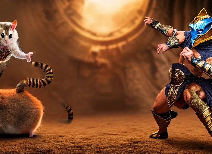 Prompt: hamster dressed as scorpion fights a cat dressed as sub zero in mortal kombat on the background of an ancient temple with a giant shao kahn laughing. fantasy magic style. highly detailed 8 k. intricate. lifelike. soft light. sony a 7 r iv 5 5 mm. cinematic post - processing