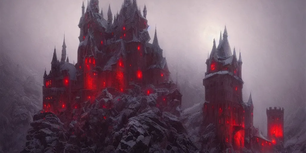 Prompt: A hyper realistic oil painting of a gothic castle made out of crimson stone, surrounded by snow, surrounded by fog, moody cinematic lighting, red moonlight above the castle, hyper detailed, by greg rutkowski, trending on artstation