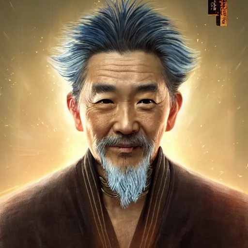 Image similar to portrait painting of a 6 0 year old kind handsome taoist priest, silver ponytail hair, amiable by yangjun chen, huang guangjian, fenghua zhong, wenjun lin, nadar, bright colors, octopath traveler, unreal engine 5 highly rendered, global illumination, radiant light, detailed and intricate environment