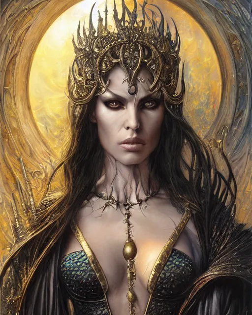 Image similar to a highly detailed airbrush painting of an evil female fantasy sorceress with piercing beautiful eyes art by karol bak and donato giancola and mark brooks, centered, full size, hires, 4 k, high resolution, sharp focus