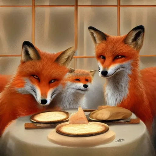 Prompt: foxes judging a cheese competition, artstation, detailed, award winning, digital illustration