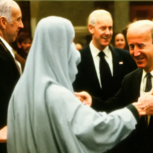 Image similar to joe biden shaking hand of osama bin laden, ultra realistic, canon 3 5 mm photography