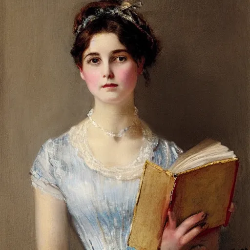 Image similar to young victorian lady in ball gown, absent - minded, holding a book, painted by alfred stevens