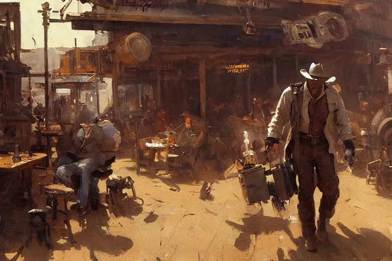 Image similar to oil painting of old rugged robot bounty hunter in a bar fight in dusty wild west town, art by anders zorn, wonderful masterpiece by greg rutkowski, beautiful cinematic light, american romanticism by greg manchess, jessica rossier and norman rockwell