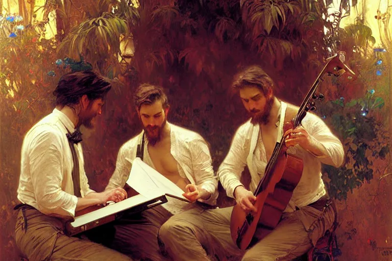 Prompt: 2 attractive men playing music, painting by gaston bussiere, craig mullins, greg rutkowski, alphonse mucha