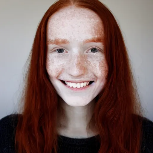 Prompt: A Swiss French Red Haired Girl With small amount of Freckles and a happy smile :: Symmetrical Portrait