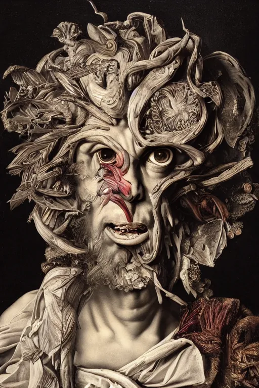 Image similar to Detailed maximalist portrait a Greek god with large white eyes and an angry face, fleshy body, botany, HD mixed media 3d collage, highly detailed and intricate, surreal illustration in the style of Caravaggio, dark art, baroque