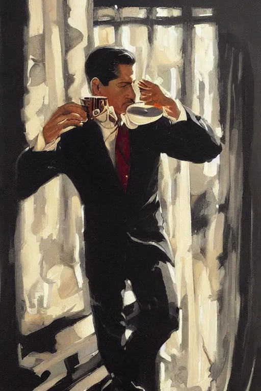 Prompt: dale cooper drinking coffee, coffee reflection, painting by jc leyendecker!! phil hale!, angular, brush strokes, painterly, vintage, crisp