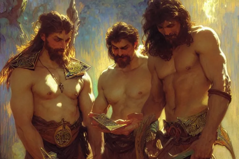 Image similar to 2 muscular attractive wizards playing magic, painting by gaston bussiere, craig mullins, greg rutkowski, alphonse mucha