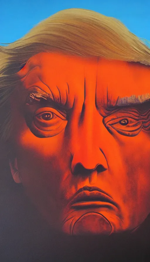 Prompt: donald trump's face close up on the apocalypse now poster, red sunset, snake river in the jungle, air brush, oil paint