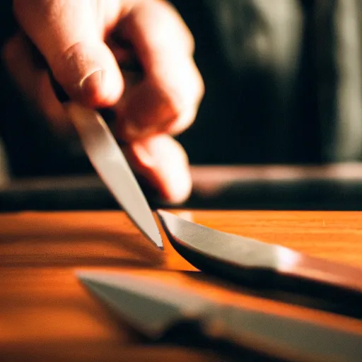 Prompt: evil person holding a knife and smirking, cinematic, shallow depth of field, long lens, eerie