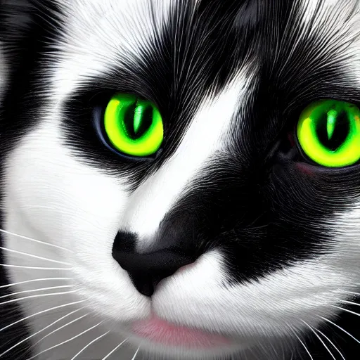 Prompt: a portrait of a beautiful black and white cat wearing a tuxedo with colorful bright green eyes, hd, 8k, hyper-realism,