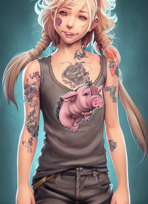 Image similar to character portrait of a female anthro pig with a pigtail and a cute beautiful attractive detailed female pig face wearing a tanktop and slacks standing outside a city tattoo parlor with arm tattoos. Character design by charlie bowater, ross tran, artgerm, and makoto shinkai, detailed, inked, western comic book art