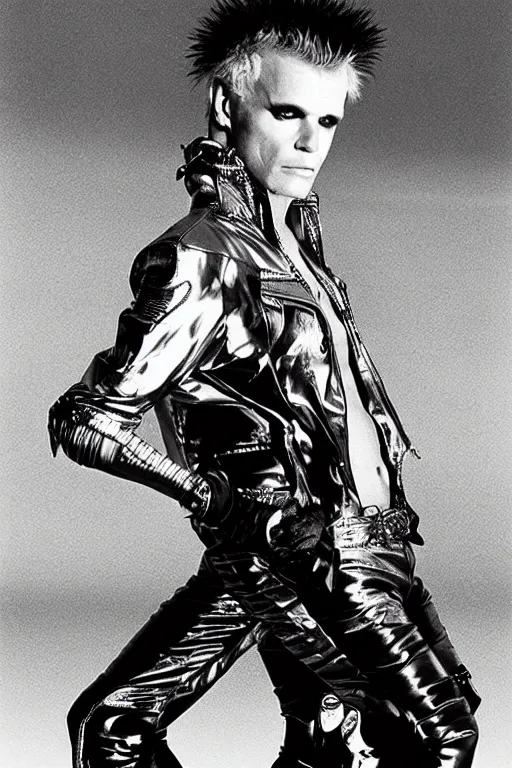 Image similar to portrait billy idol dressed in 1 9 8 1 space fantasy fashion, avante garde, shiny metal, standing in a desert