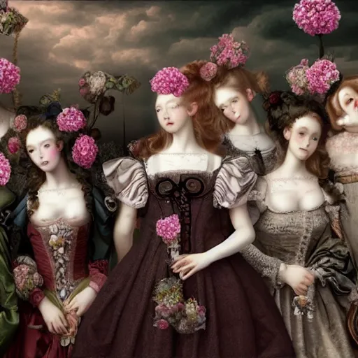 Prompt: 8k, HD, realism, high octane render, renaissance, rococo, baroque, group of creepy young ladies wearing long harajuku manga dress with flowers and skulls, background chaotic flowers