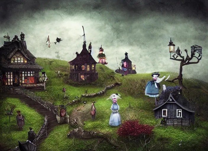 Image similar to 👵🏻👗👔🎩👴🏼, lowbrow, matte painting, in the style of alexander jansson,