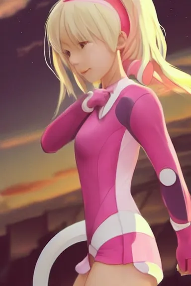 Image similar to blonde little girl wearing an pink and white hero outfit, digital artwork made by artgerm lau and makoto shinkai, shaped focus, heroic composition, hero pose, inspired by peni parker from spiderverso, smooth