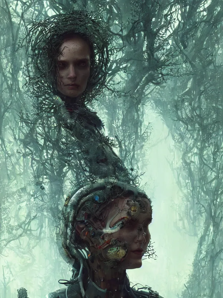 Image similar to a hyperrealistic cyberpunkpunk portrait of a gorgeous woman in the movie Annihilation, with mutated trees and trees and fractal sunlight, award-winning, masterpiece, in the style of Tom Bagshaw, Cedric Peyravernay, Peter Mohrbacher