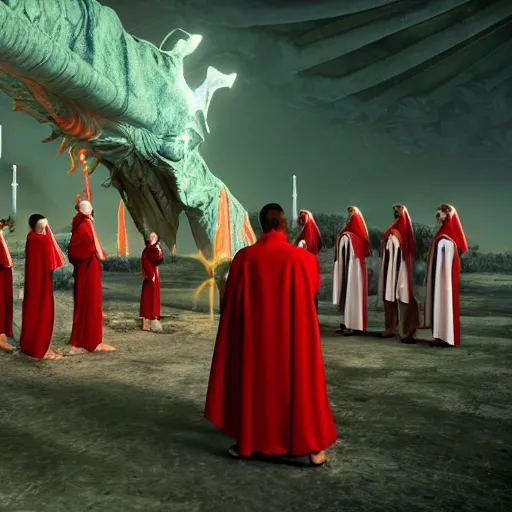 Image similar to octane render by mort kunstler and annie leibovitz and angus mckie, a line of people in colorful tunics receiving holy communion from a monstrous alien creature in a red cardinal robe, 4 d, 4 k, volumetric lighting, ray traced lighting, ultra - detailed