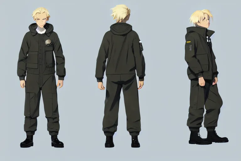 Anime style original character reference sheet, male character with light  blue and yellow hair, wearing flashy clothing