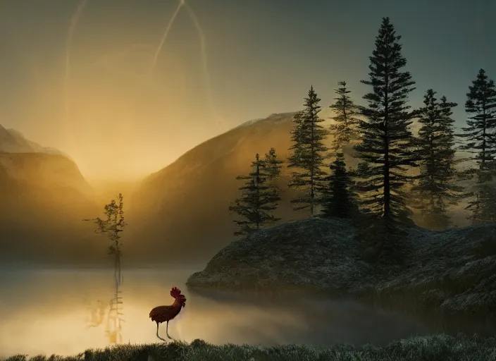 Image similar to epic crystalline forest with a lake, rooster, golden hour, misty ground, rocky ground, distant mountains, atmospheric perspective, altostratus clouds, planets, cinematic, 3 5 mm lens, anamorphic lens flare, photographic, octane render, cinematography by roger deakins, in the style of ansel adams