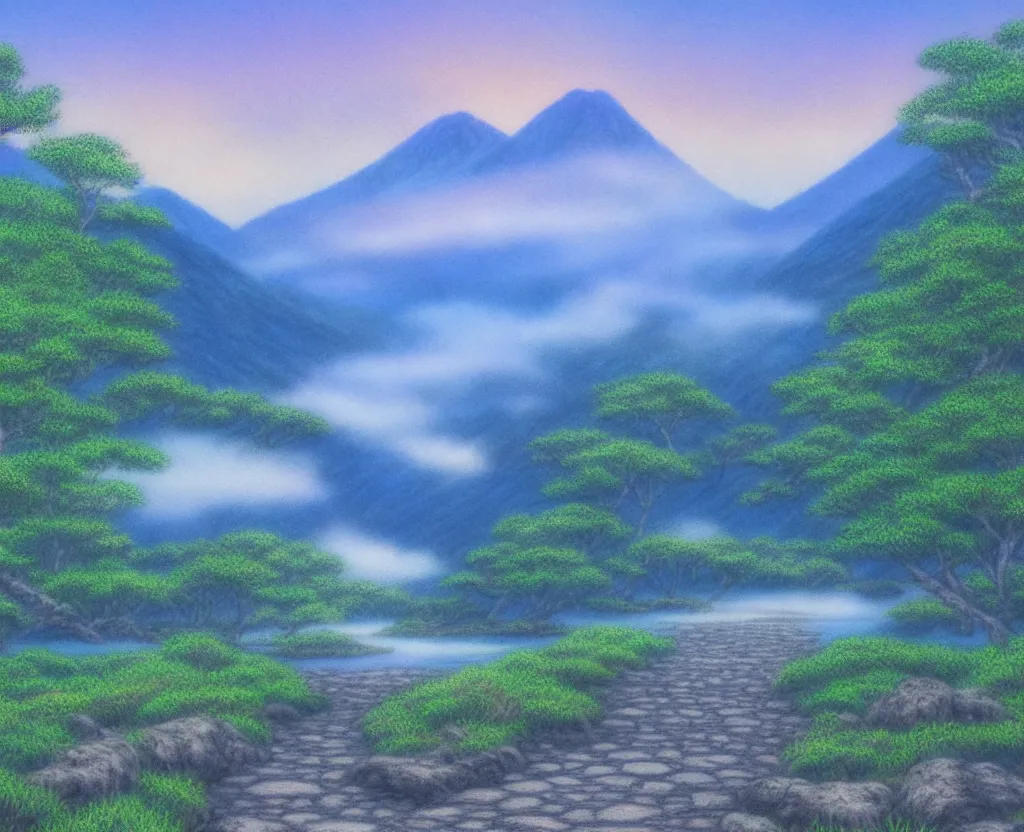 Image similar to a landscape pastel in the style of noriyoshi ohrai of a blue reflective path to some misty mountains in the background. along the path stands pillars that reflect in the water. key art. 4 k fantasy