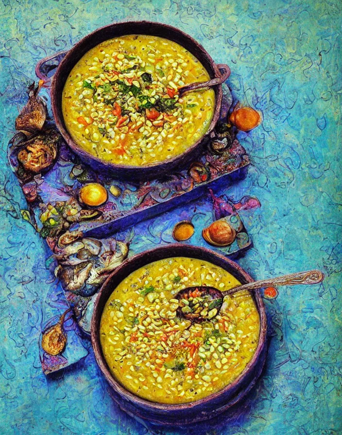 Prompt: mung daal and chowder on lsd, detailed and highly reliefed analogue mixed media collage with canvas texture in style of conteporary art, photorealistic, expressionism, masterpiece, perfect composition, hyperrealistic beautiful face, spectacular quality, intricate oil pastel glow, dynamic lighting, photorealistic, fantasy concept art, ambient lighting, atmospheric, stunning visuals, creative, cinematic, ultra detailed, trending on art station