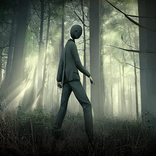 Image similar to photorealistic Slenderman in the woods, dynamic lighting, ultra realistic, trending on art station, ray tracing, sun rays