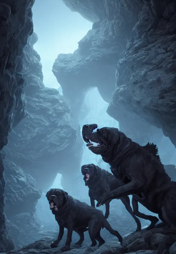 Prompt: three lovecraftian mastiffs attacking inside a claustrophobic dark blue canyon of stone, tendrils of black shadow, monsters, digital art, greg rutkowski, unreal engine, octane render, cinematic lighting, highly detailed