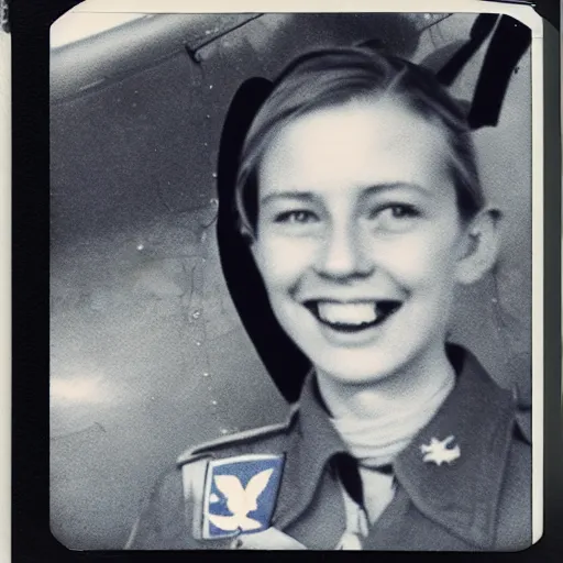 Prompt: Polaroid photo of a young female pilot (extremely detailed and symmetrical facial features) standing next to her Spitfire Plane smiling into the camera, 8k resolution, hyperrealistic, muted colours, A large portion of the plane can be seen in view