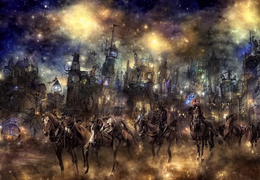 Image similar to horses riding through a steampunk city at night under a dark starred sky, dark fantasy, digital art, watercolor, high detail, dreaming illusion