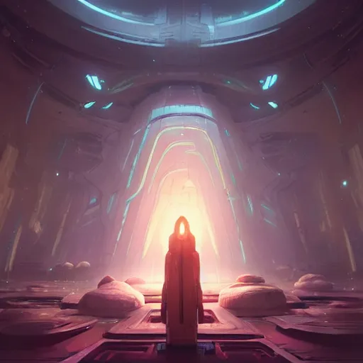 Prompt: an sci - fi glowing peaceful temple by greg rutkowski and ross tran