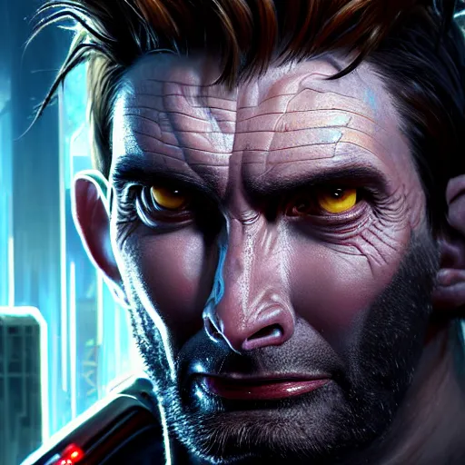 Image similar to portrait painting of a cyberpunk orc mercenary muscular david tennant, ultra realistic, concept art, intricate details, eerie, highly detailed, photorealistic, octane render, 8 k, unreal engine. art by artgerm and greg rutkowski and charlie bowater and magali villeneuve and alphonse mucha