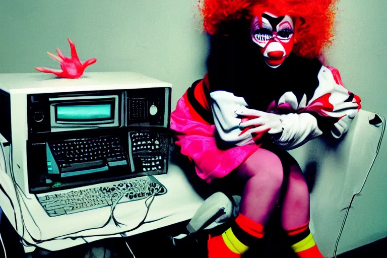 Image similar to cute clowngirl in clowncore cyberspace, fractal, in 2 0 5 5, y 2 k cutecore clowncore, low - light photography, bathed in the glow of a crt monitor, terry richardson photoshoot