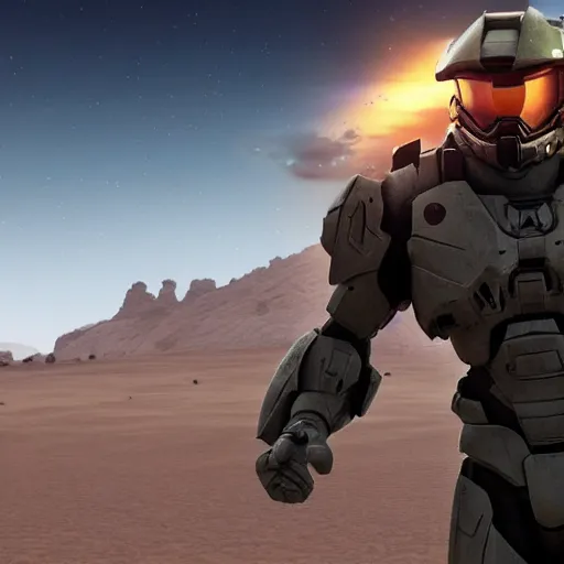 Prompt: master chief on a desert planet. epic image. action pose. explosions. sunrise