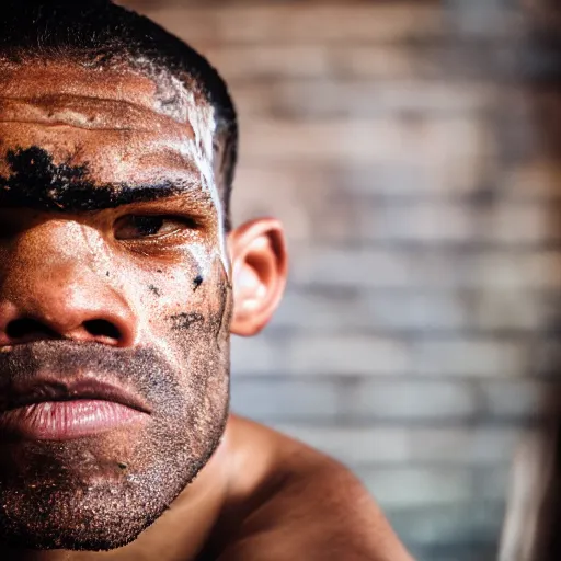 Image similar to close up portrait of boxer after boxing with brews blood sweating, photography photojournalism, very grainy image 120mm lens close up portrait