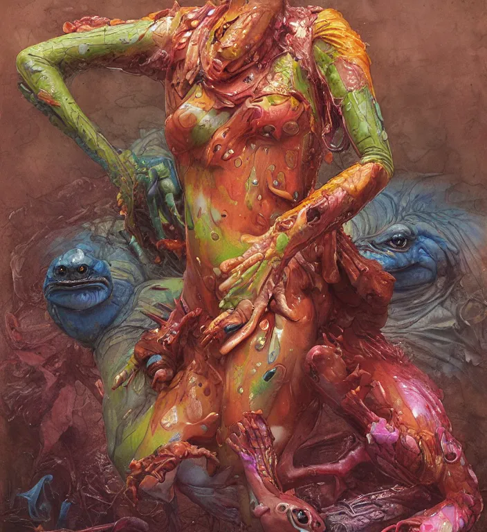 Prompt: brie larson as a brightly colored amphibian hybrid with wet mutated animal skin. wearing a infected tight organic alien suit. by tom bagshaw, donato giancola, hans holbein, walton ford, gaston bussiere, peter mohrbacher, brian froud and iris van herpen. 8 k, cgsociety