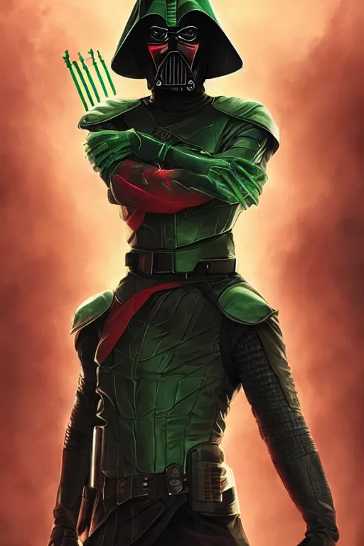 Image similar to characters portrait of Darth Sith mixed with Green Arrow by ArtGerm and Tom Bagshaw, merged character, Full body shot, cinematic opening shot, 4k, highly detailed, cinematic lighting