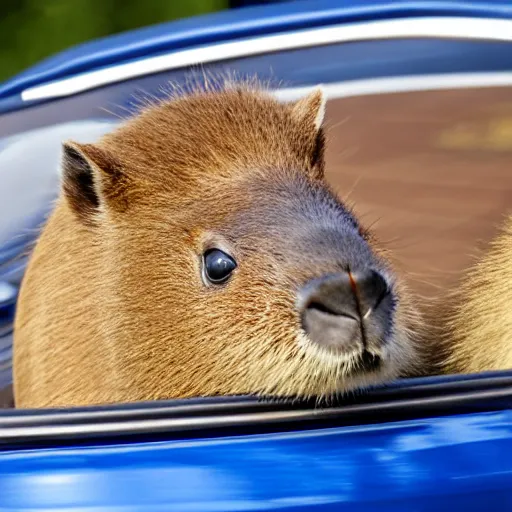 Image similar to A capybara driving a blue convertible sports car at high speeds, photorealistic, 8k